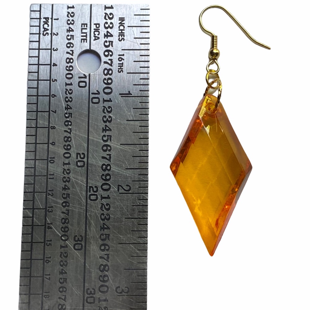 HAND CRAFTED Earrings Orange Gold Dangle Long Pierced Diamond Acrylic Retro - Picture 3 of 6